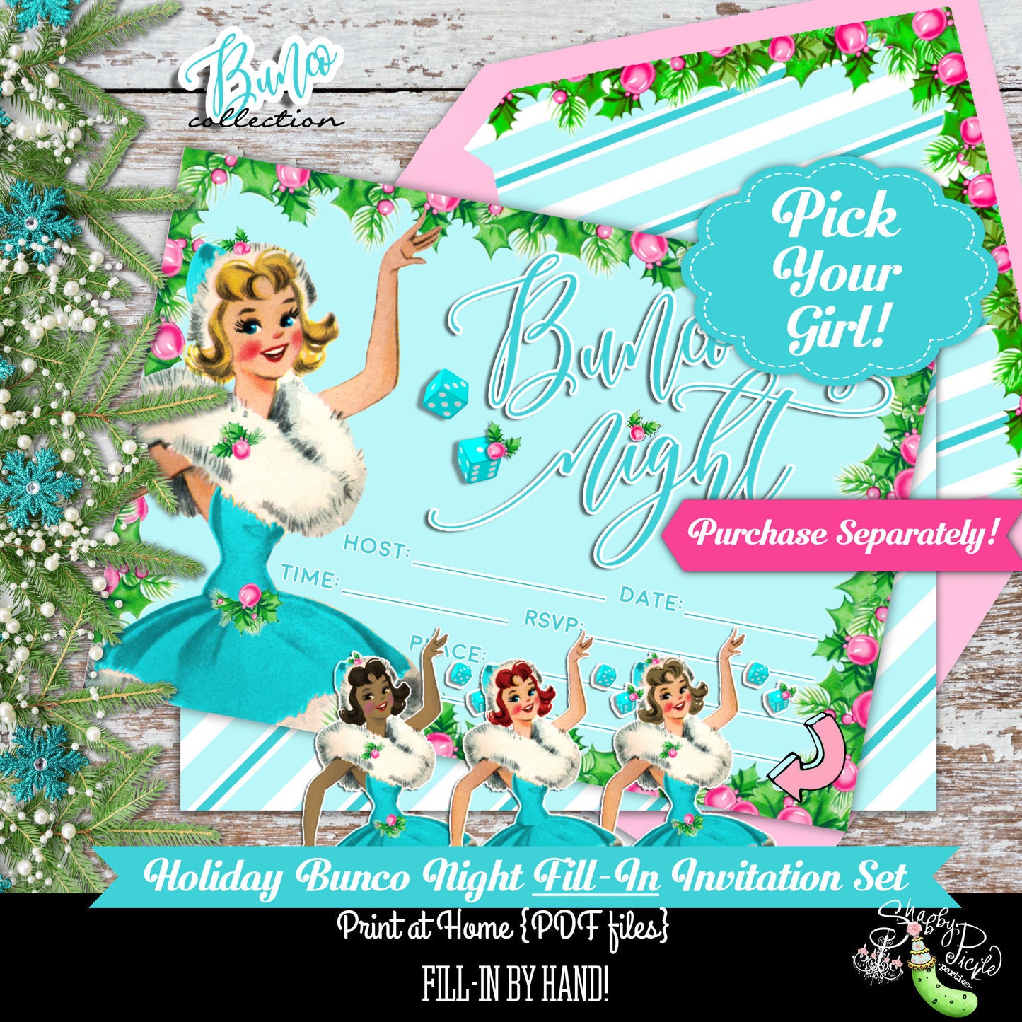 Holiday Bunco-Pick your Girl-We Customize Invitation-Bunco Invitations-Invite-Bunco Night-Retro-Bunco-Bunko-Holiday-Digital-DIGITAL DOWNLOAD