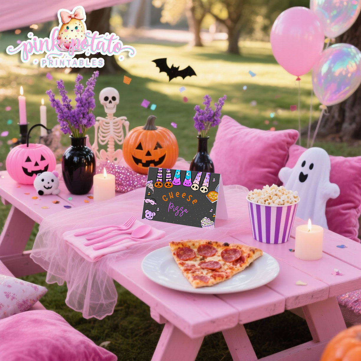Spooktacular Slumber Party-Buffet Tent Cards-You Customize in Corjl-Place Cards-Food Labels-Sleepover-Halloween-Digital-DIGITAL DOWNLOAD