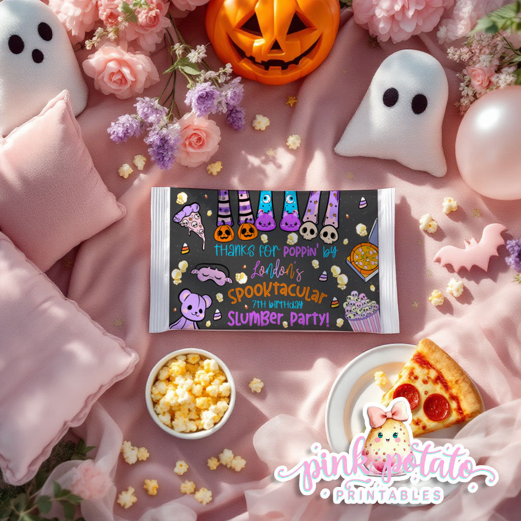 Spooktacular Slumber Party-Microwave Popcorn Wrapper-We Customize-Personalize Name-Favor Labels-Sleepover-Halloween-Digital-DIGITAL DOWNLOAD