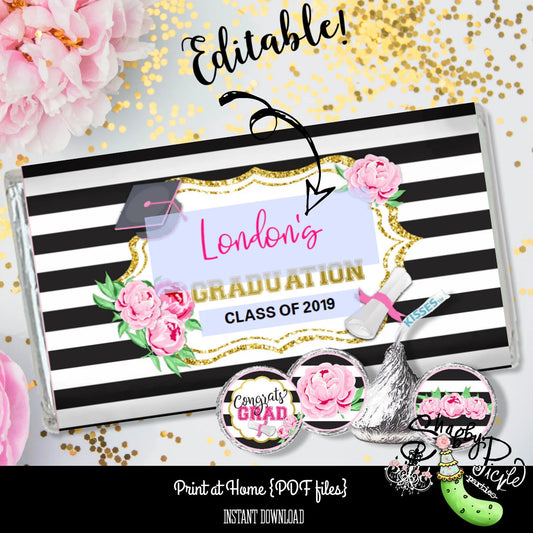 Kate Spade Graduation-Personalized Chocolate Bar Wrap-Kisses Labels-Class of-Graduation Party-Graduation Favors-Printable-INSTANT DOWNLOAD