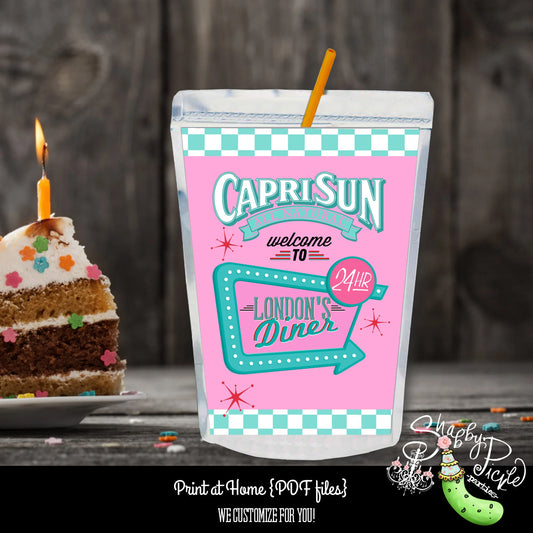 Pink's Diner-We Customize with Your Name!-Capri Sun Label-Retro-50's Diner-Party Printable-Birthday Girl-1950s-50s Party-Parties-Printables