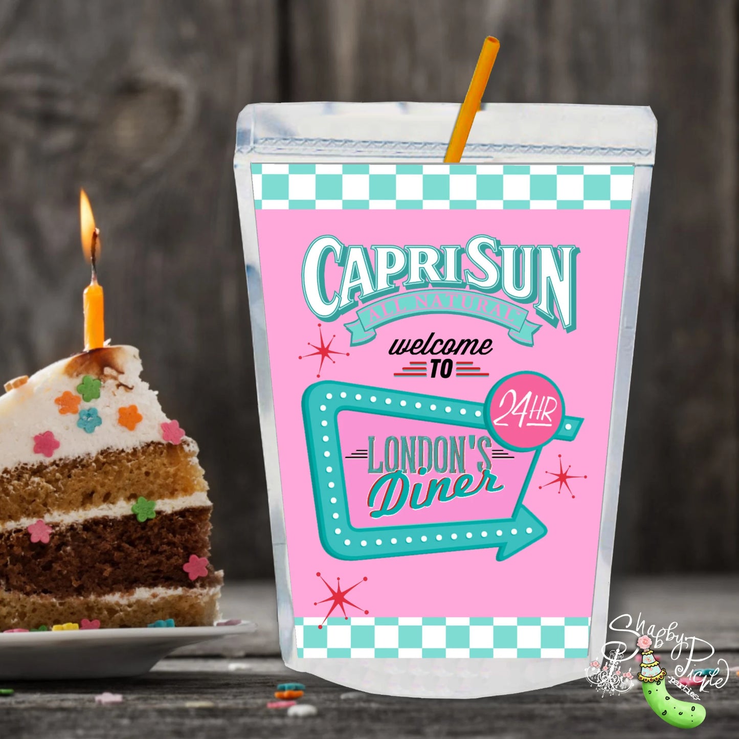 Pink's Diner-We Customize with Your Name!-Capri Sun Label-Retro-50's Diner-Party Printable-Birthday Girl-1950s-50s Party-Parties-Printables