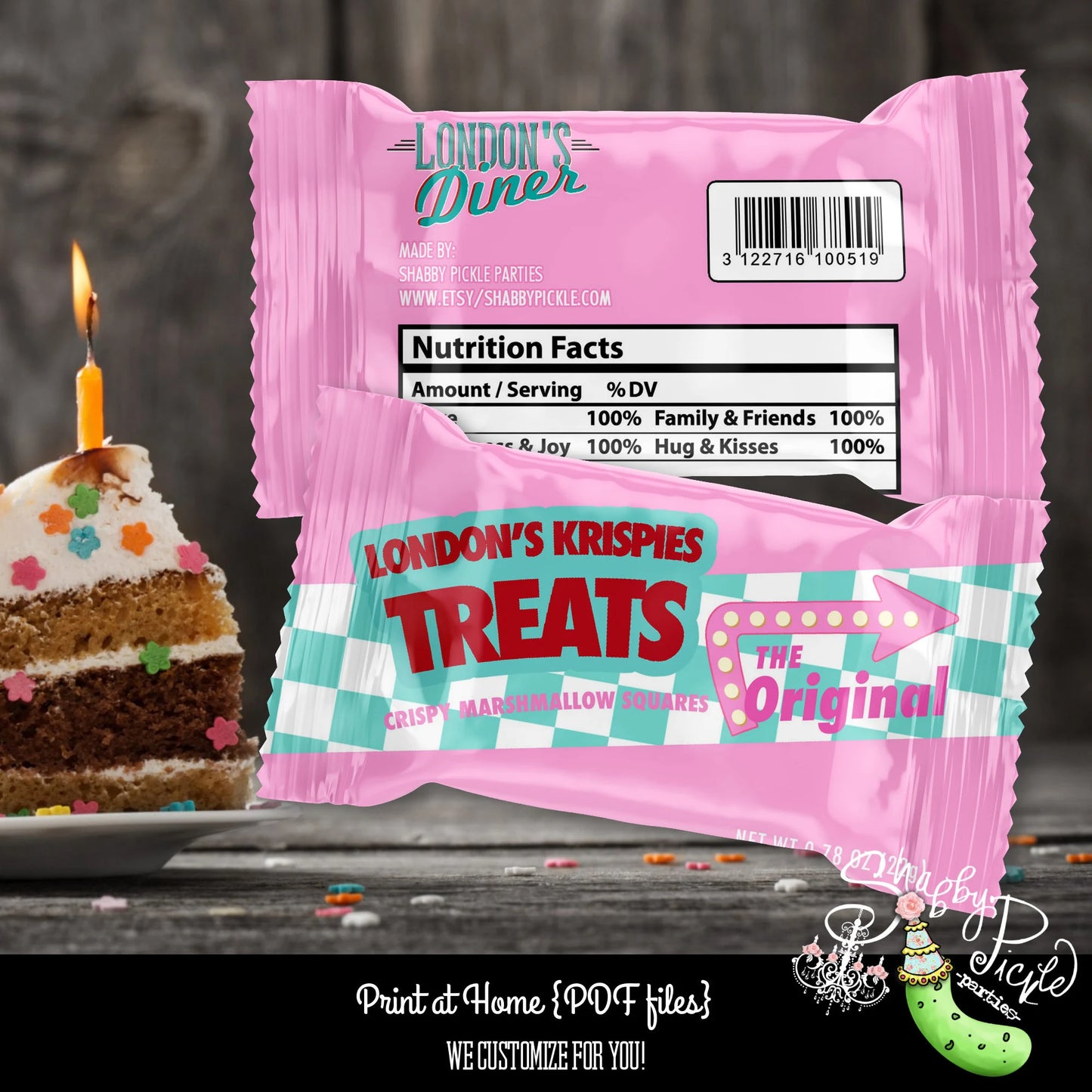 Pink's Diner-We Customize with Your Name!-Krispie Treat Wrapper-Retro-50's Diner-Party Printable-Birthday-1950s-50s Party-Parties-Printables