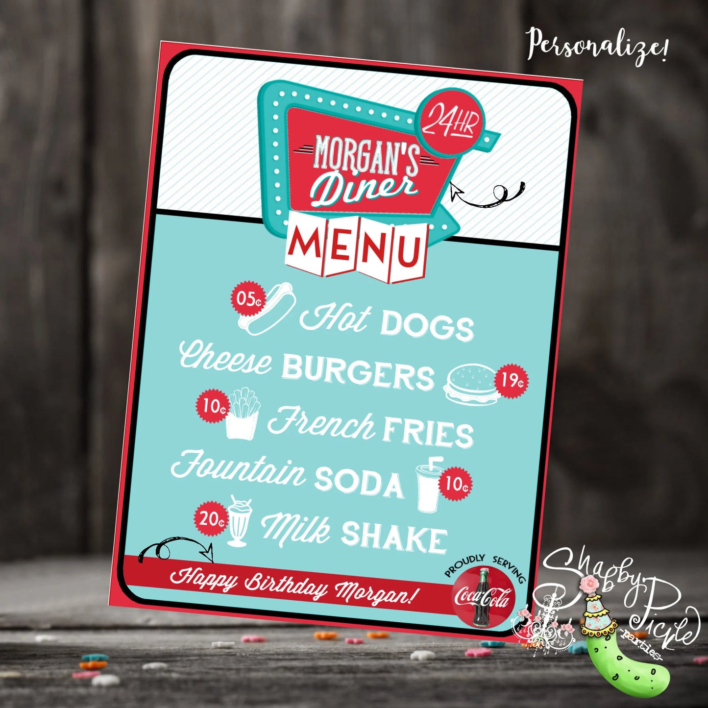 Pinks Diner or Retro Diner-We Customize Logo-Menu-Diner Menu-Choose Size-Retro-50's Diner-Party PRINTABLE-Birthday-1950s-DIGIAL DOWNLOAD