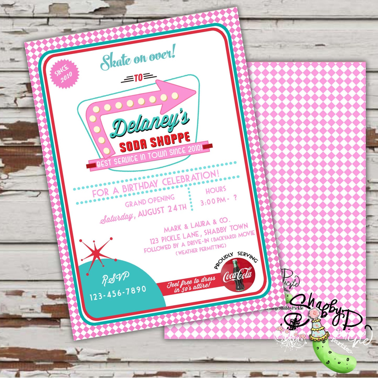 Soda Shoppe Girl Invitations-We CUSTOMIZE-Invite-Cards-Retro-Party-50s Diner-Girls Diner-Sock Hop-Printable-Print At Home-DIGITAL DOWNLOAD