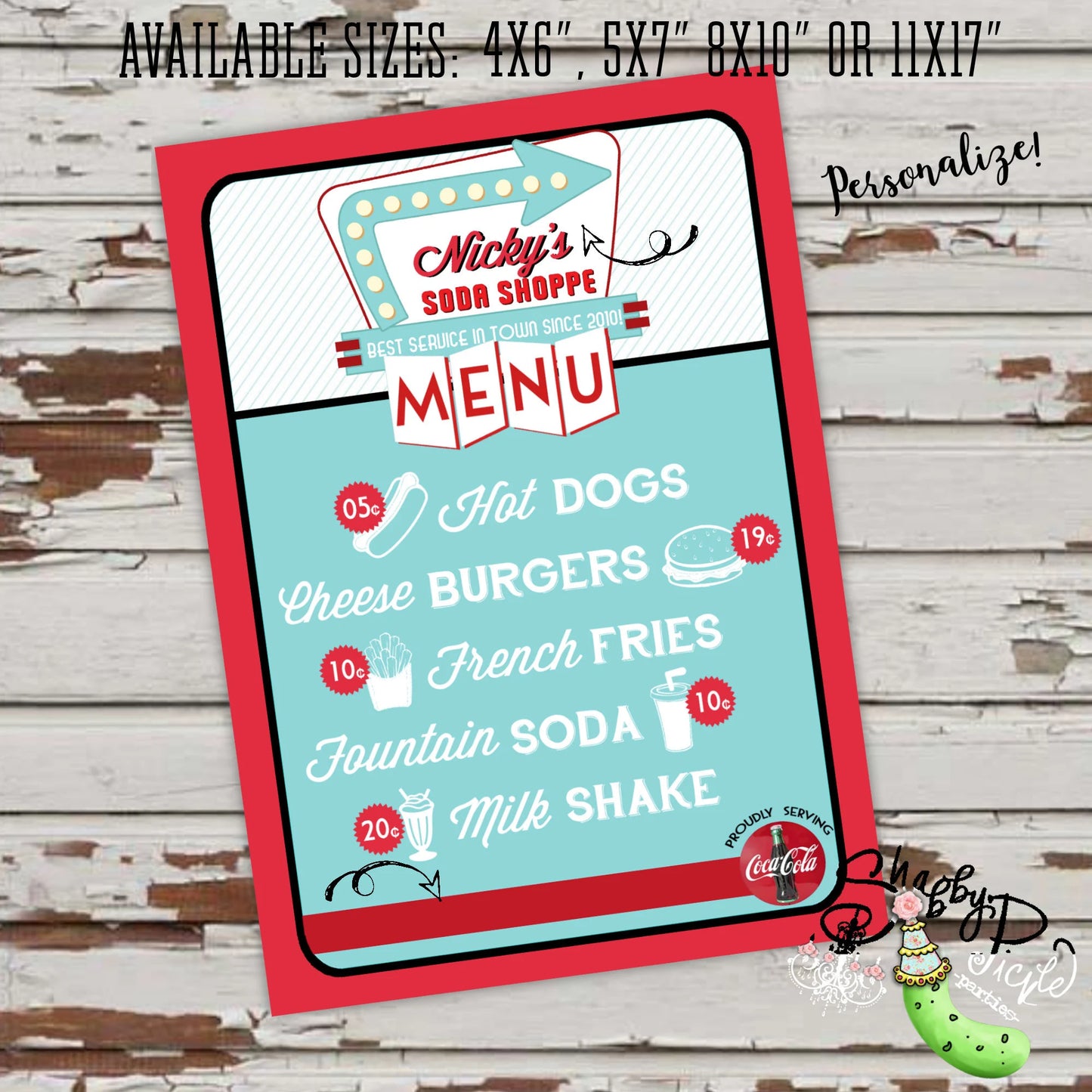 Soda Shoppe-Girl or Boy-We Customize Logo-Menu- Choose Size-Retro-50's-Soda Shop Menu-Party PRINTABLE-Birthday-1950s-DIGITAL DOWNLOAD