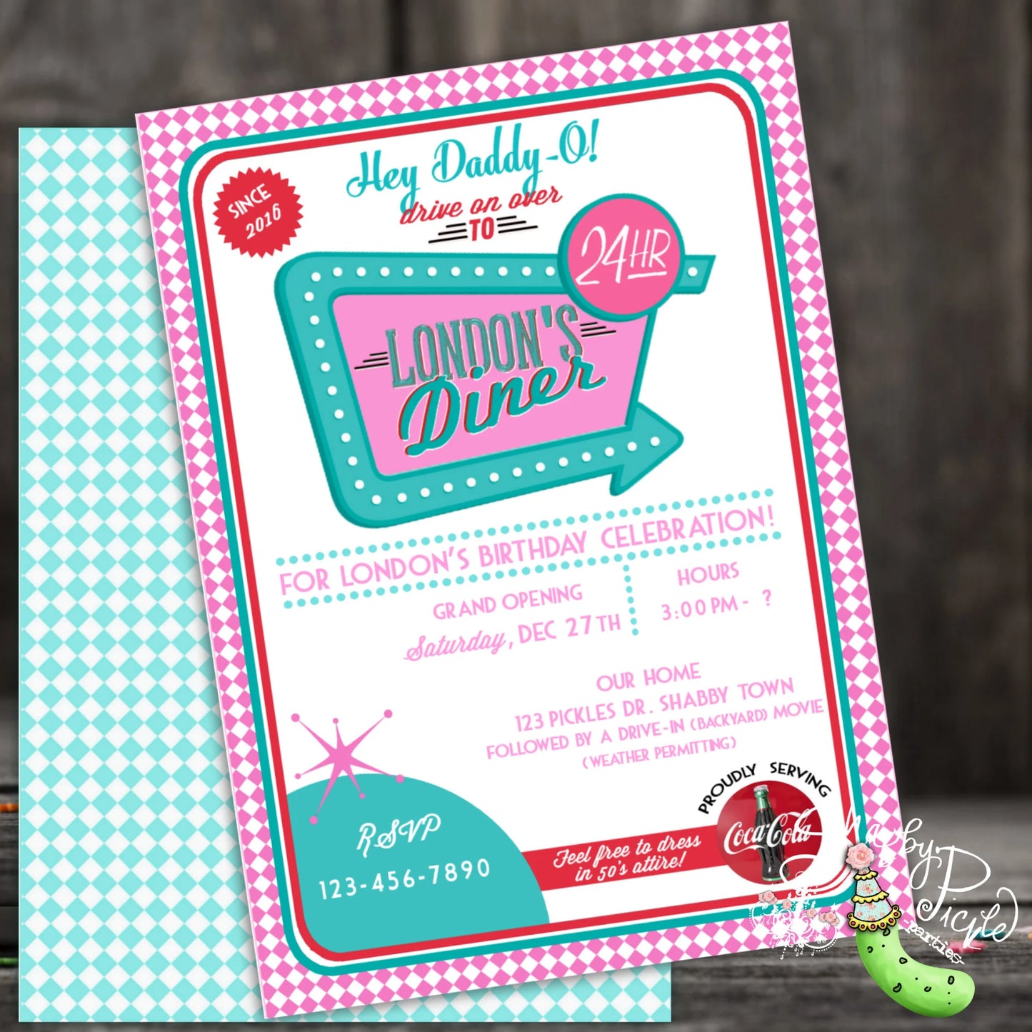 Pink's Diner Invitations-We CUSTOMIZE-Invite-Cards-Retro-Party-50s Diner-Girls Diner-Sock Hop-50's-Printable-Print At Home-DIGITAL DOWNLOAD