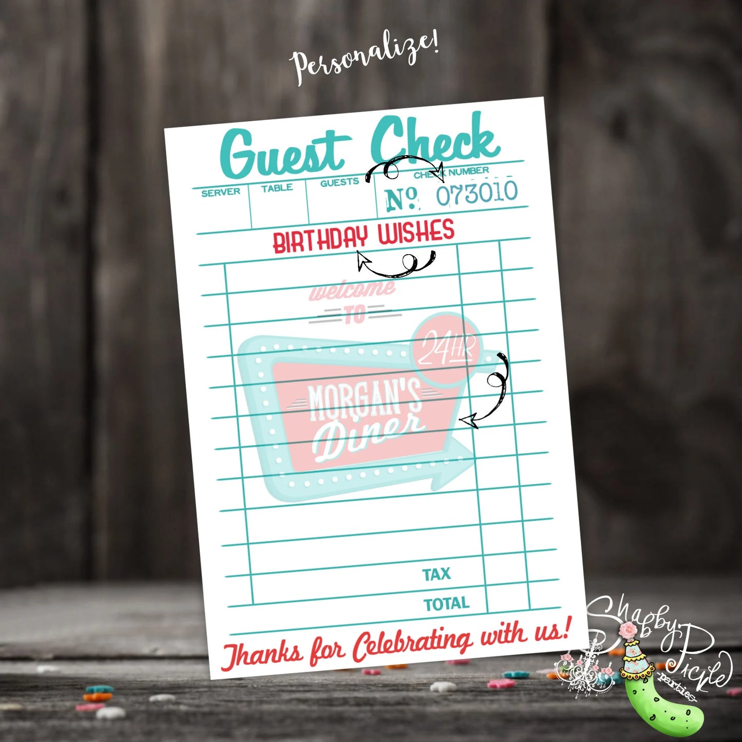 Pinks Diner or Retro Diner-Birthday Wishes-Guest Check-Receipt-Retro-50's Diner-Party PRINTABLE-Birthday-1950s-50s Party-DIGITAL DOWNLOAD