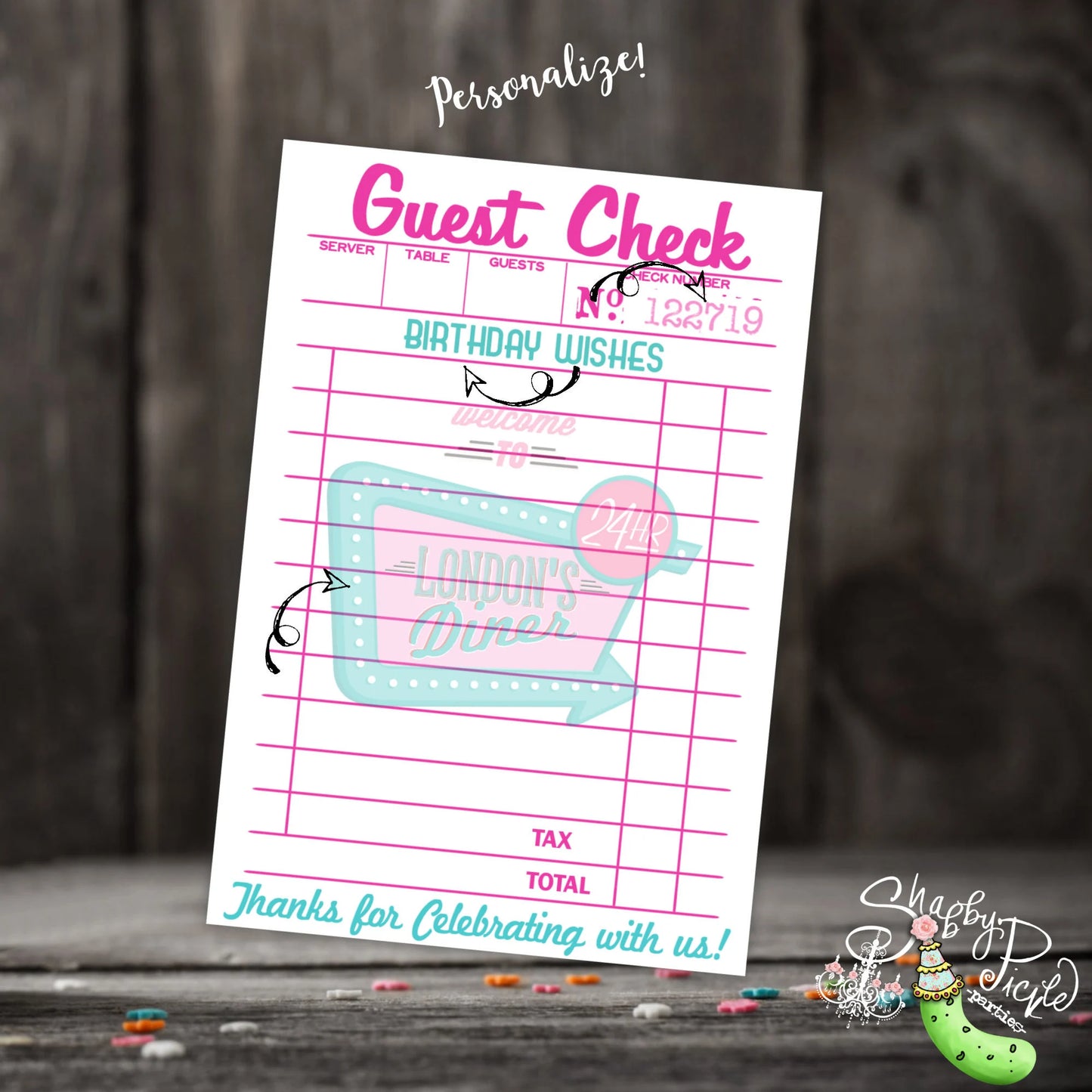 Pinks Diner or Retro Diner-Birthday Wishes-Guest Check-Receipt-Retro-50's Diner-Party PRINTABLE-Birthday-1950s-50s Party-DIGITAL DOWNLOAD