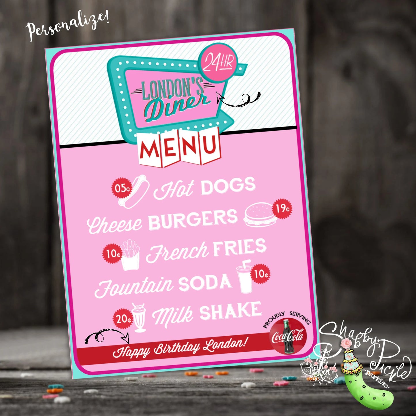 Pinks Diner or Retro Diner-We Customize Logo-Menu-Diner Menu-Choose Size-Retro-50's Diner-Party PRINTABLE-Birthday-1950s-DIGIAL DOWNLOAD