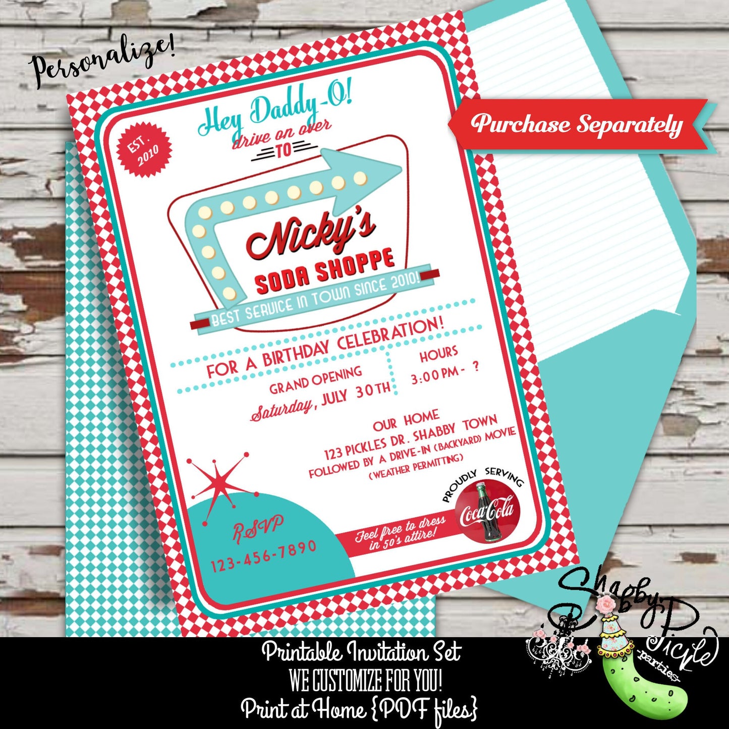 Retro Diner Or Soda Shoppe-Water Bottle Labels-We Customize-Soda Shop-Retro-50's Diner-Party PRINTABLE-Birthday-1950s-DIGITAL DOWNLOAD