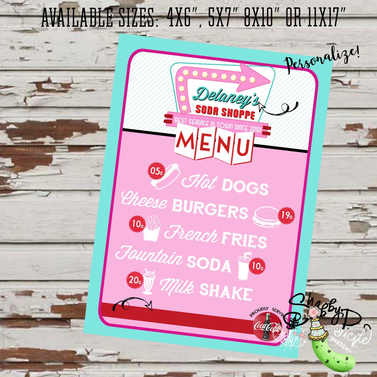 Soda Shoppe-Girl or Boy-We Customize Logo-Menu- Choose Size-Retro-50's-Soda Shop Menu-Party PRINTABLE-Birthday-1950s-DIGITAL DOWNLOAD