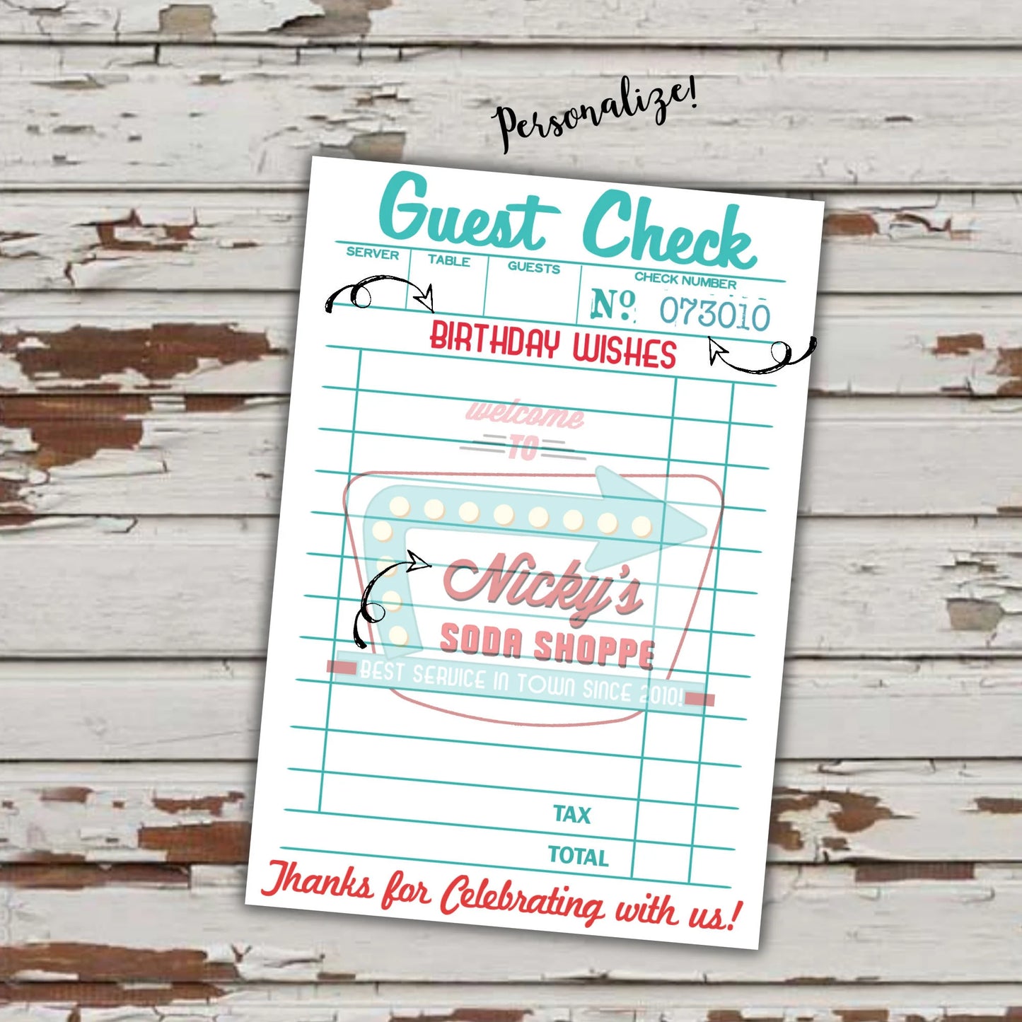 Soda Shoppe-Girl or Boy-Guest Check-Birthday Wishes-Receipt-Retro-50's Soda Shop-Party PRINTABLE-Birthday-1950s-50s Party-DIGITAL DOWNLOAD