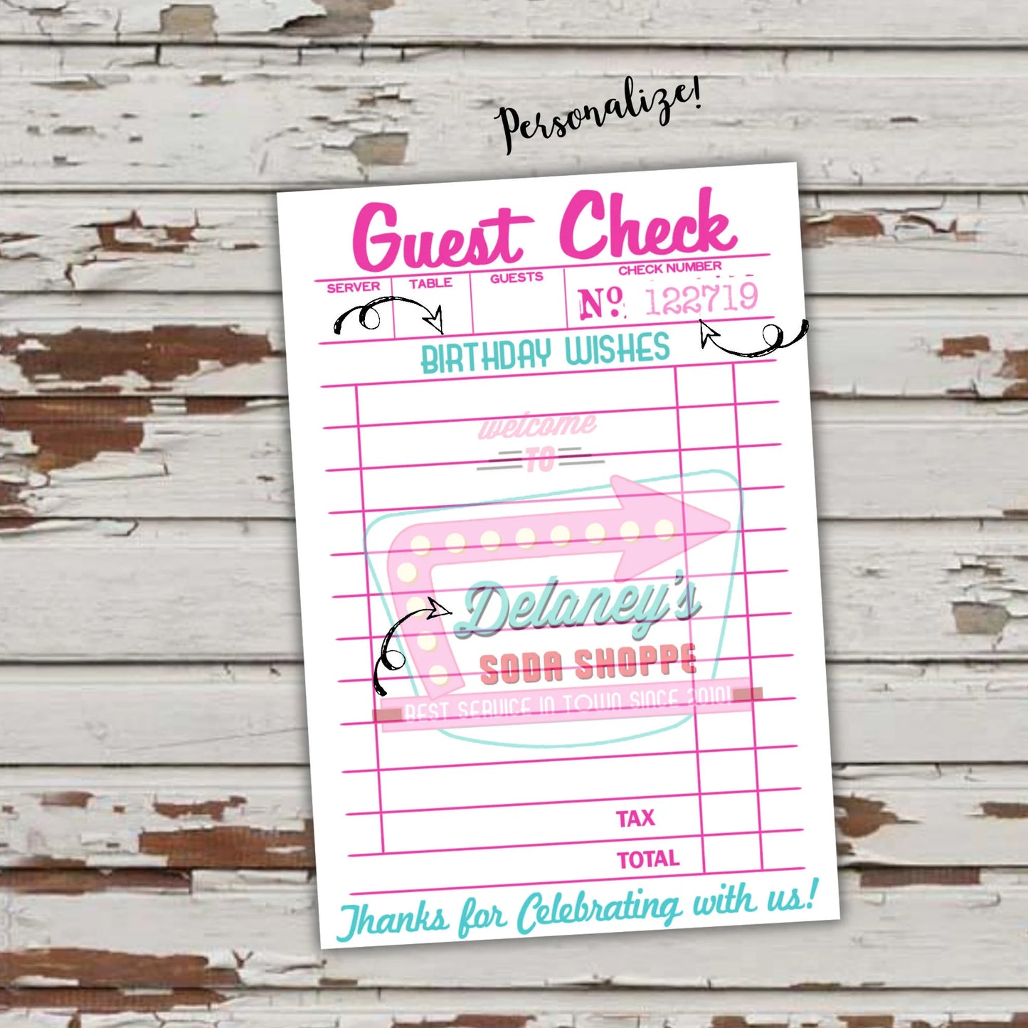 Soda Shoppe-Girl or Boy-Guest Check-Birthday Wishes-Receipt-Retro-50's Soda Shop-Party PRINTABLE-Birthday-1950s-50s Party-DIGITAL DOWNLOAD