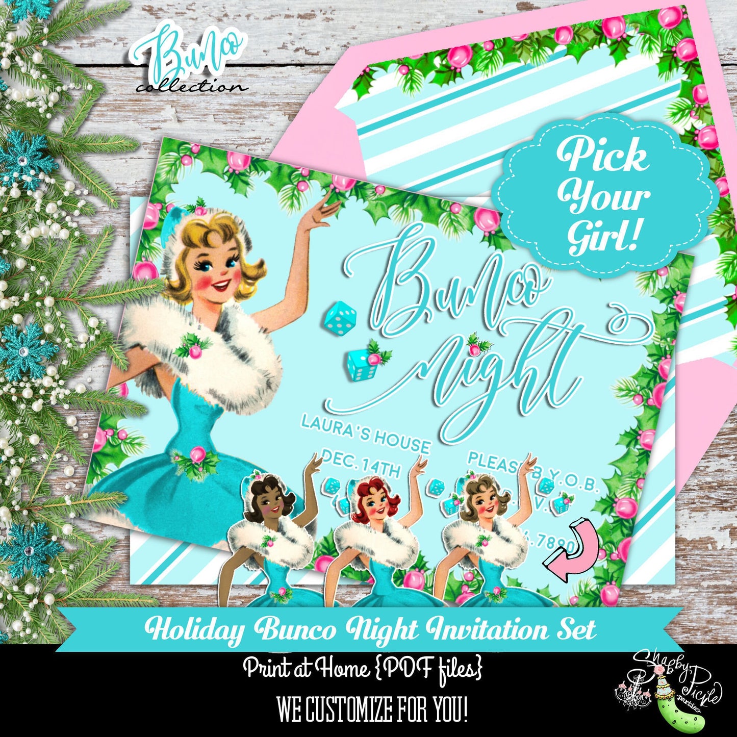 Holiday Bunco-Pick your Girl-We Customize Invitation-Bunco Invitations-Invite-Bunco Night-Retro-Bunco-Bunko-Holiday-Digital-DIGITAL DOWNLOAD