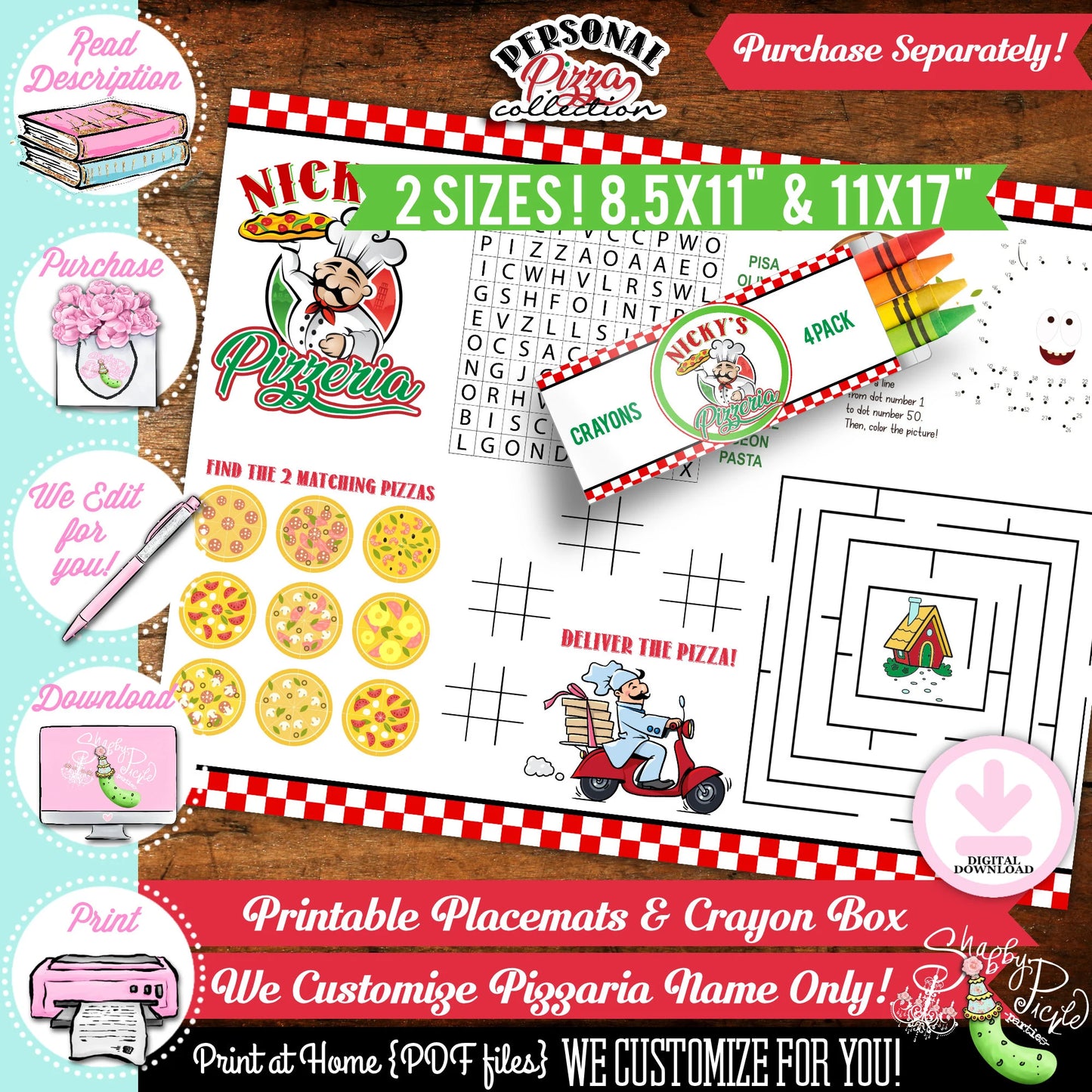 Personal Pizza-Full Party Printable-We Customize Pizzeria Name (Only)-Pizza Playset-Pizza Party-Kids Pizza Shop-Printable-DIGITAL DOWNLOAD