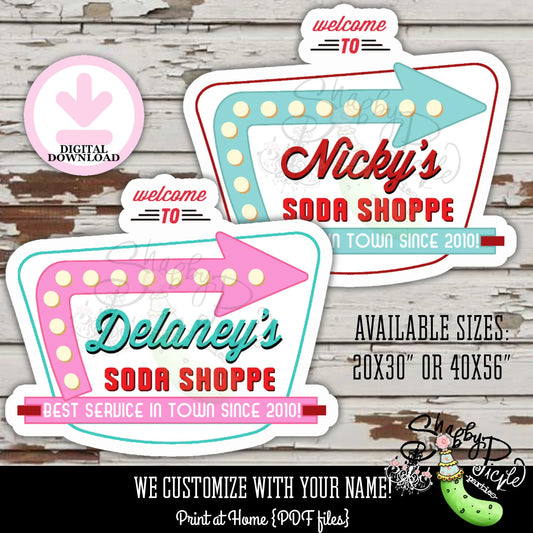 Soda Shoppe-Girls or Boys-You Print-We Customize-Backdrop-Sign-Party Logo-Retro-50's-Party PRINTABLE-Birthday-50s Party-DIGITAL DOWNLOAD