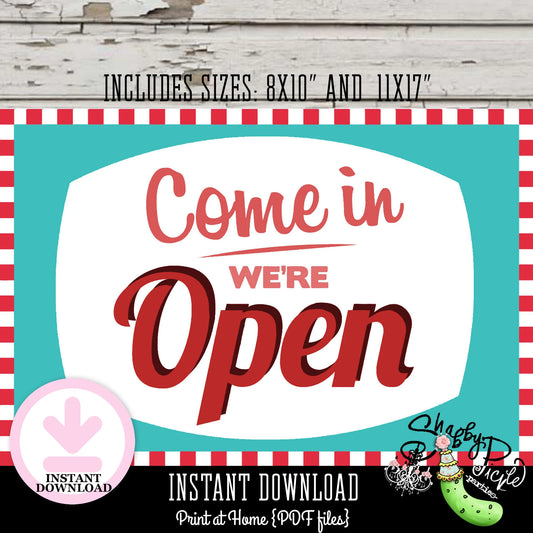 Retro Diner or Soda Shoppe Boy-Come In Diner Sign-2 Sizes Included-Come In We're Open-Retro-50's Diner-PRINTABLE-Birthday-INSTANT DOWNLOAD