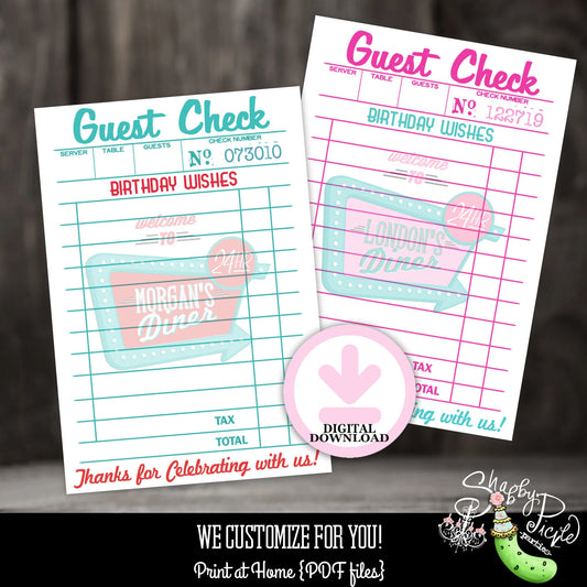 Pinks Diner or Retro Diner-Birthday Wishes-Guest Check-Receipt-Retro-50's Diner-Party PRINTABLE-Birthday-1950s-50s Party-DIGITAL DOWNLOAD