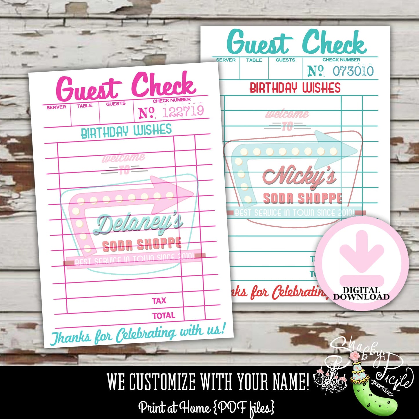 Soda Shoppe-Girl or Boy-Guest Check-Birthday Wishes-Receipt-Retro-50's Soda Shop-Party PRINTABLE-Birthday-1950s-50s Party-DIGITAL DOWNLOAD