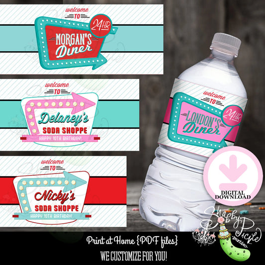 Retro Diner Or Soda Shoppe-Water Bottle Labels-We Customize-Soda Shop-Retro-50's Diner-Party PRINTABLE-Birthday-1950s-DIGITAL DOWNLOAD