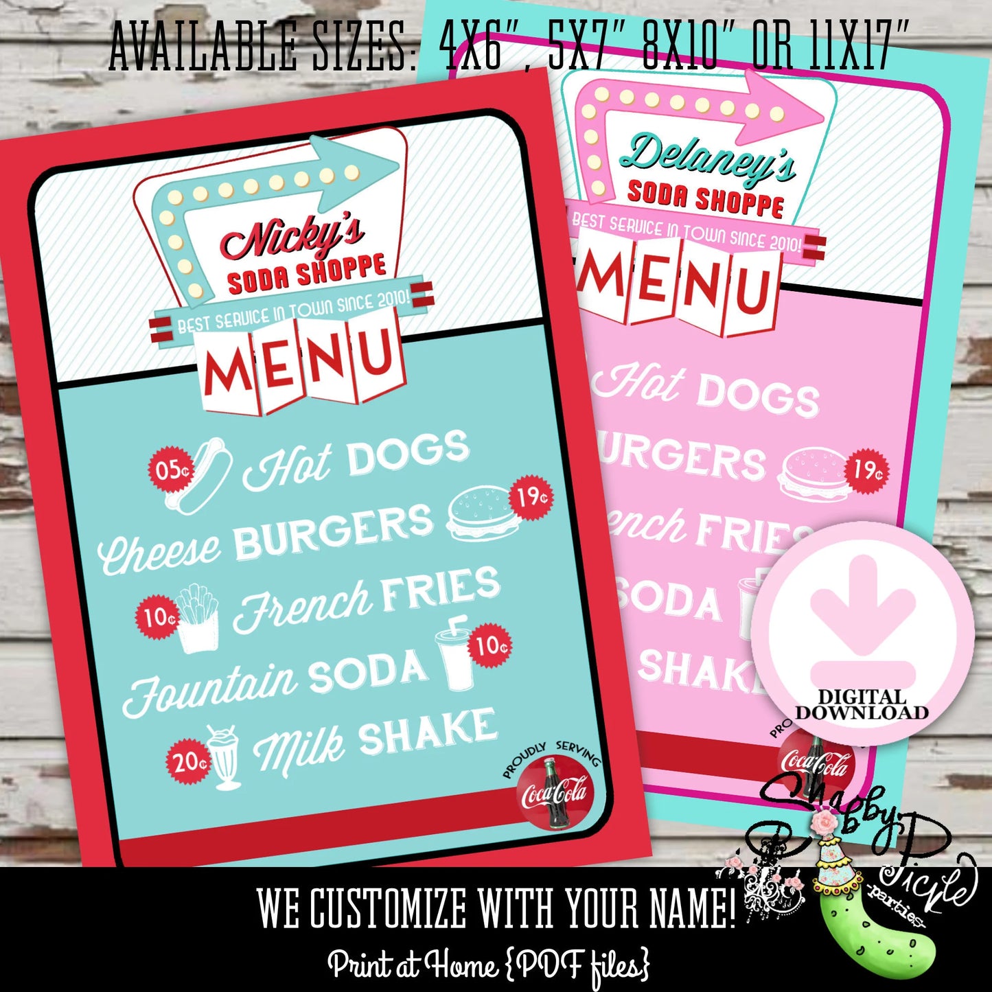 Soda Shoppe-Girl or Boy-We Customize Logo-Menu- Choose Size-Retro-50's-Soda Shop Menu-Party PRINTABLE-Birthday-1950s-DIGITAL DOWNLOAD