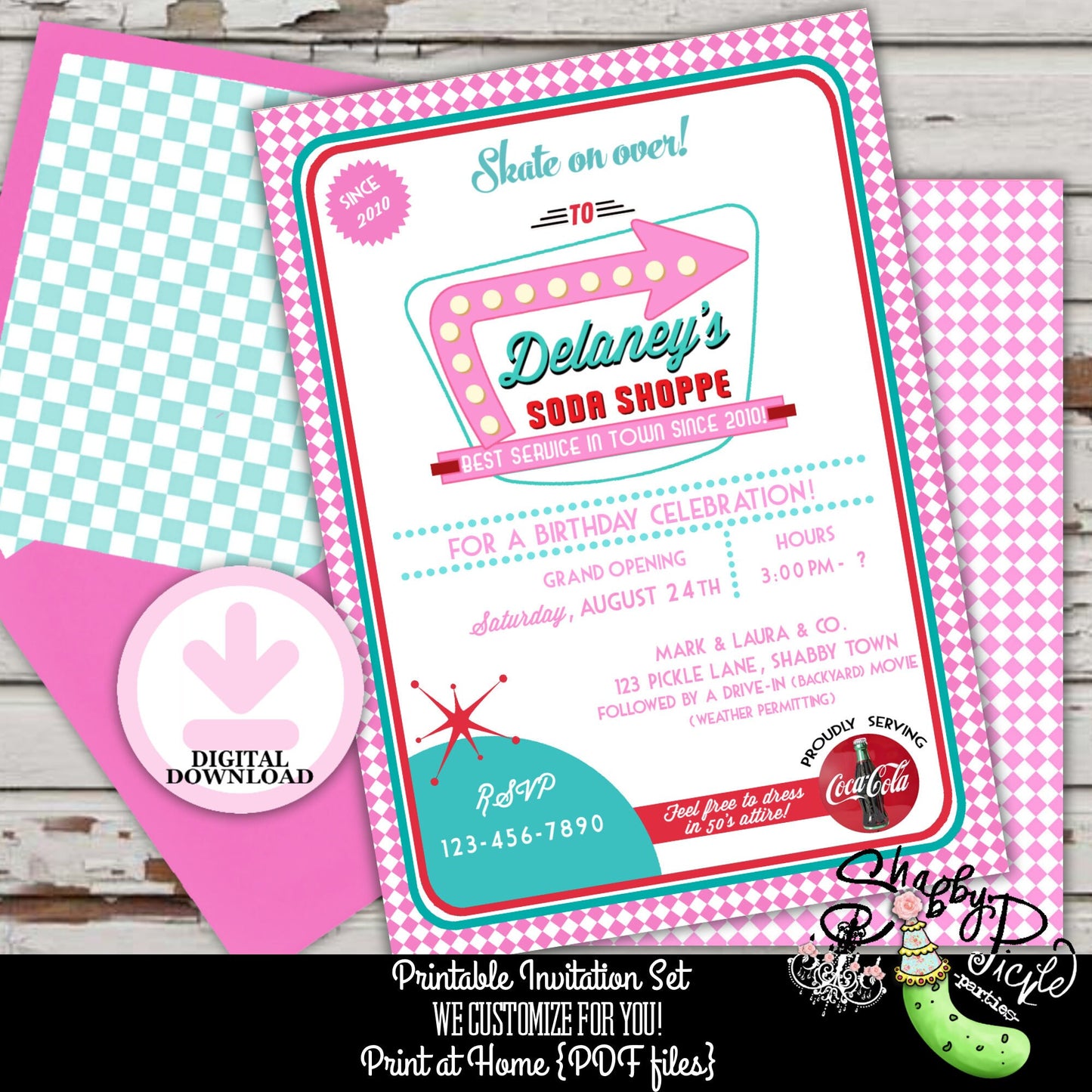 Soda Shoppe Girl Invitations-We CUSTOMIZE-Invite-Cards-Retro-Party-50s Diner-Girls Diner-Sock Hop-Printable-Print At Home-DIGITAL DOWNLOAD