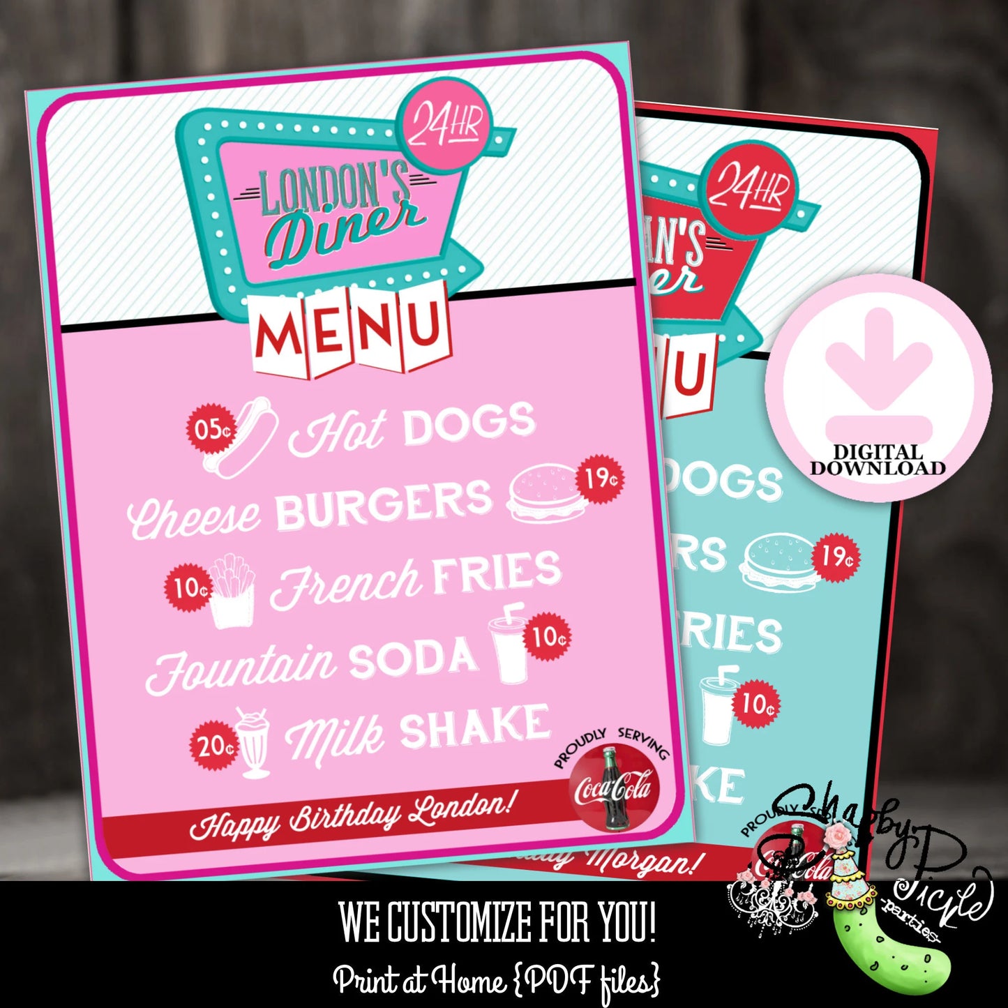 Pinks Diner or Retro Diner-We Customize Logo-Menu-Diner Menu-Choose Size-Retro-50's Diner-Party PRINTABLE-Birthday-1950s-DIGIAL DOWNLOAD