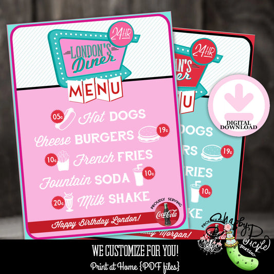 Pinks Diner or Retro Diner-We Customize Logo-Menu-Diner Menu-Choose Size-Retro-50's Diner-Party PRINTABLE-Birthday-1950s-DIGIAL DOWNLOAD