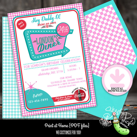 Pink's Diner Invitations-We CUSTOMIZE-Invite-Cards-Retro-Party-50s Diner-Girls Diner-Sock Hop-50's-Printable-Print At Home-DIGITAL DOWNLOAD