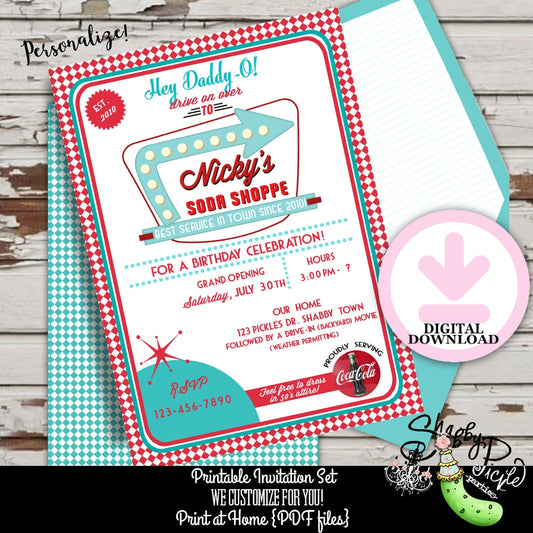 Soda Shoppe Boy Invitations-We CUSTOMIZE-Invite-Cards-Retro-Party-50s Diner-Boys Diner-Sock Hop-Printable-Print At Home-DIGITAL DOWNLOAD