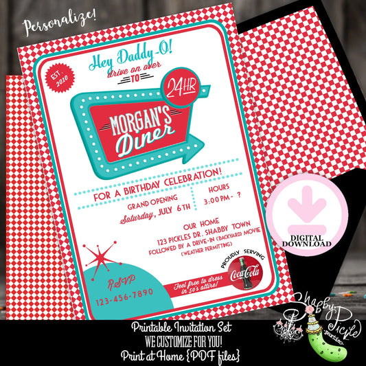 Retro Diner Invitations-We CUSTOMIZE-Invite-Cards-Retro-Party-50s Diner-Boys Diner-Boys Party-50's-Printable-Print At Home-DIGITAL DOWNLOAD