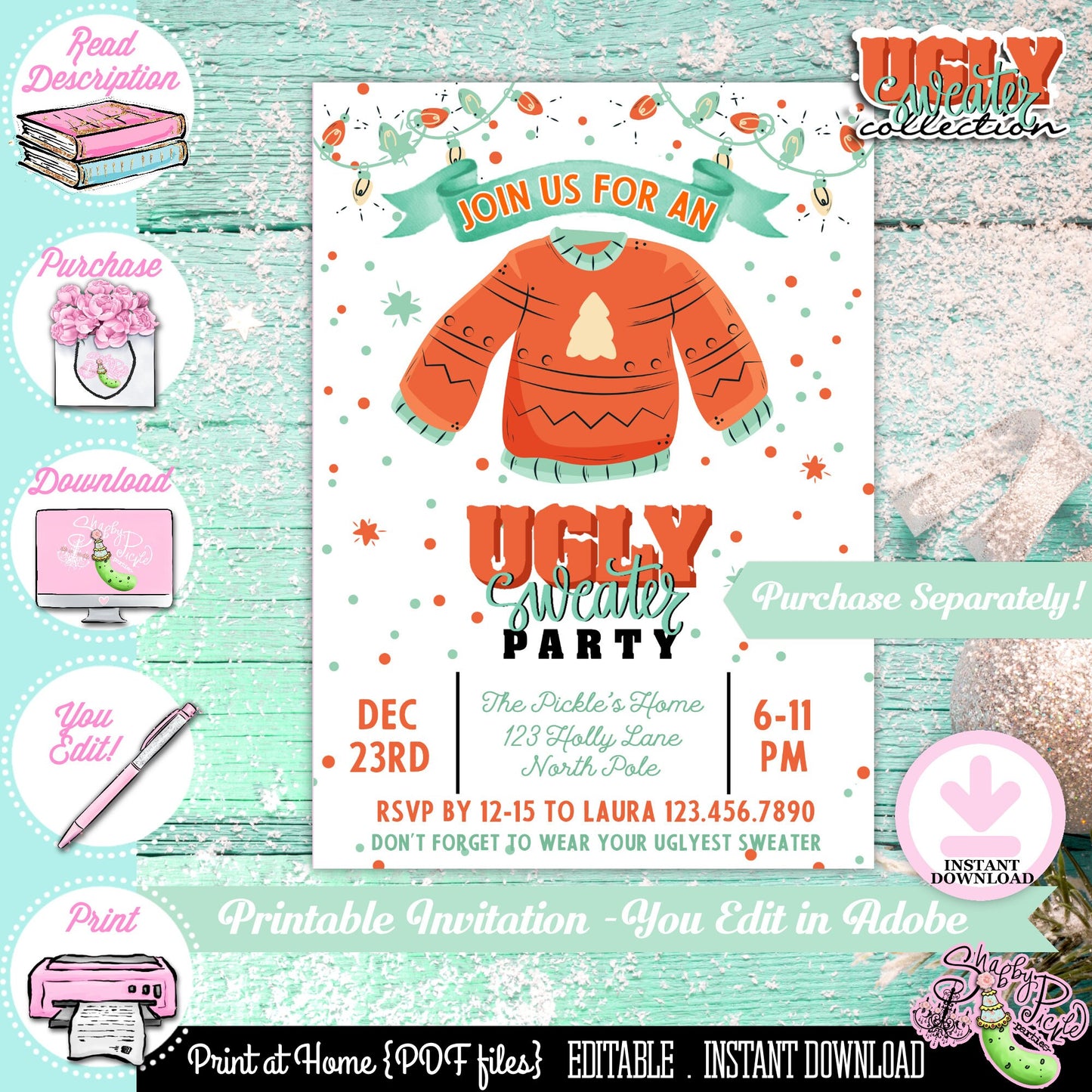 Ugly Sweater-Editable Tent Cards-Buffet Cards-Place Cards-You Edit-Printable-Christmas Party-Computer Needed-INSTANT DOWNLOAD