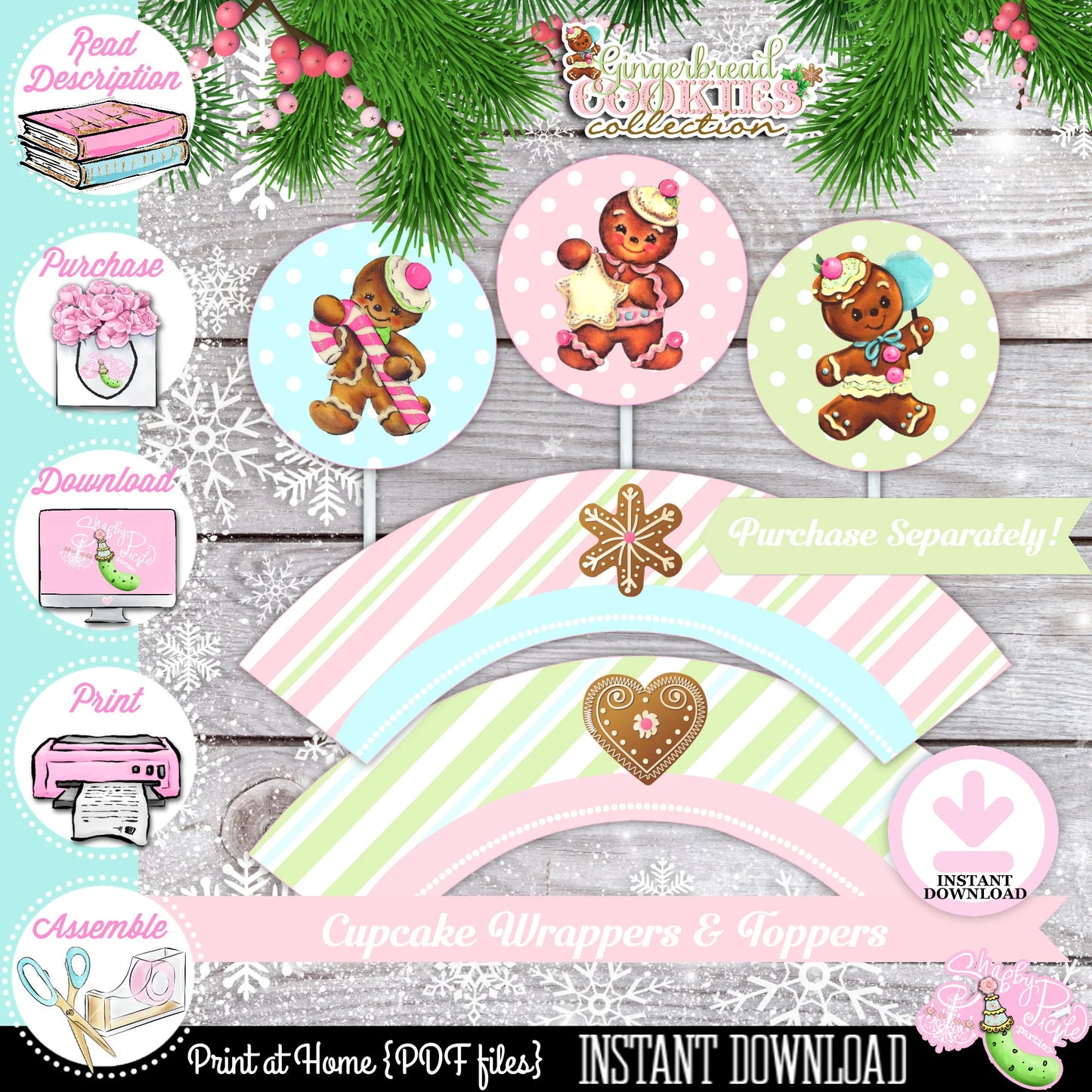 Gingerbread Cookies-Favor Tags-Gift Tags-Drink Wrappers-Cookie Decorating-Gingerbread Decorating-Printable-Christmas Party-INSTANT DOWNLOAD