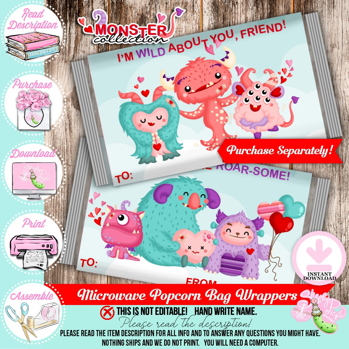 Valentine's Monsters-Valentine's Day 3x3 Tags-6 Styles-Class Favors-Valentine's Day-Class Room Party-Valentine-Digital-INSTANT DOWNLOAD