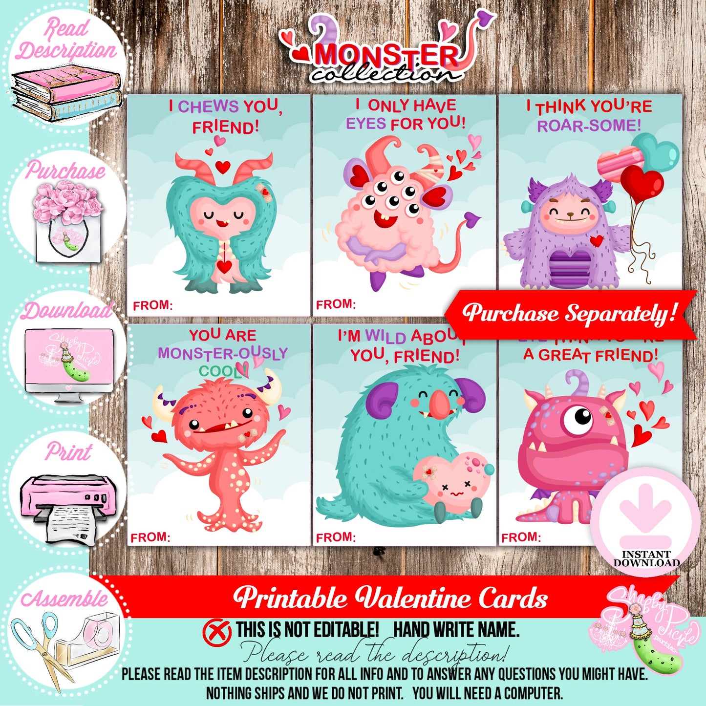 Valentine's Monsters-Valentine's Day 3x3 Tags-6 Styles-Class Favors-Valentine's Day-Class Room Party-Valentine-Digital-INSTANT DOWNLOAD