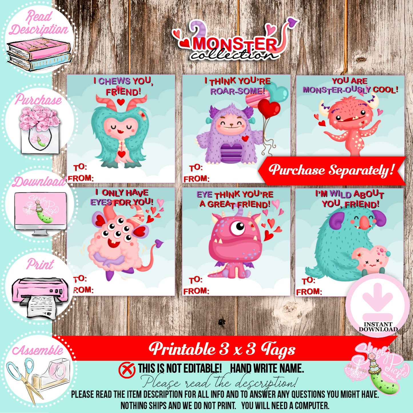 Valentine's Monsters-Valentine's Popcorn Wrapper Labels-2 Styles-Class Favors-Valentine's Day-Class Room Party-Digital-INSTANT DOWNLOAD