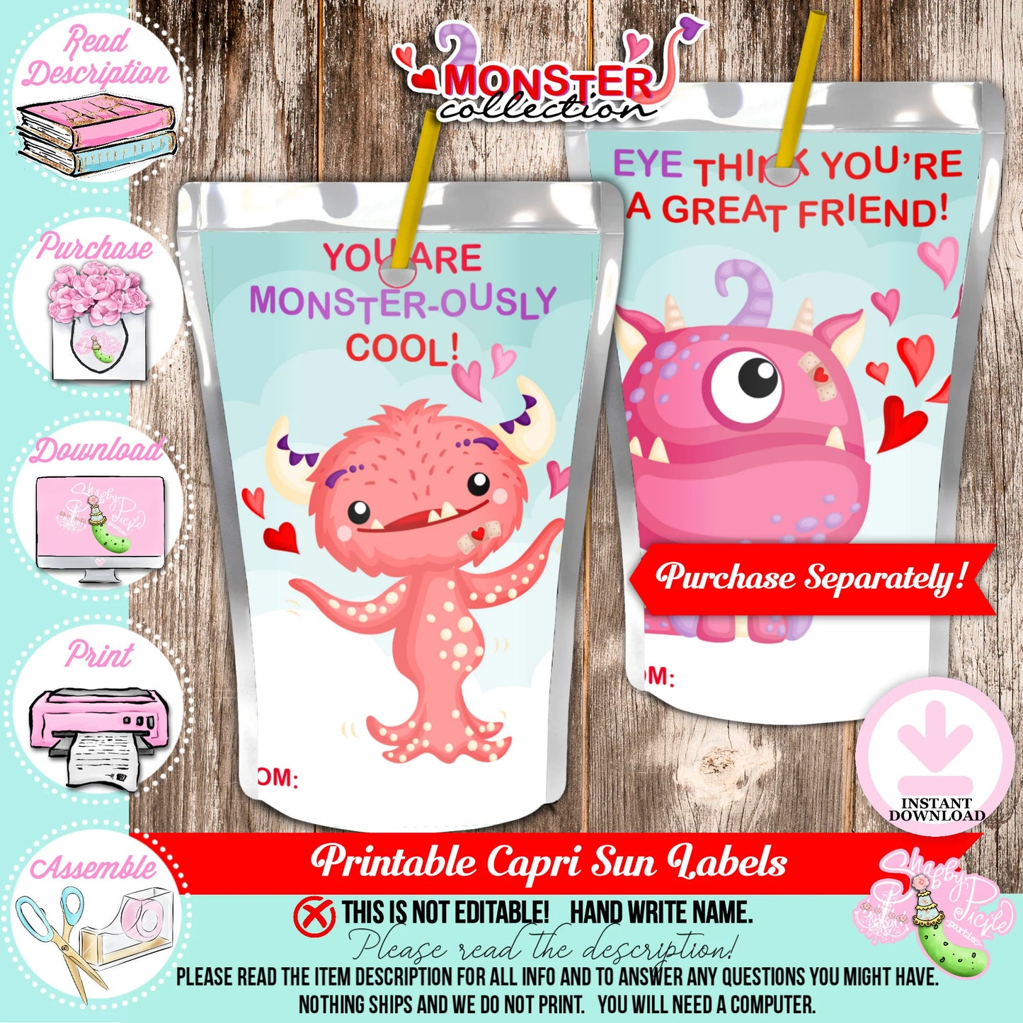 Valentine's Monsters-Valentine's Day 3x3 Tags-6 Styles-Class Favors-Valentine's Day-Class Room Party-Valentine-Digital-INSTANT DOWNLOAD