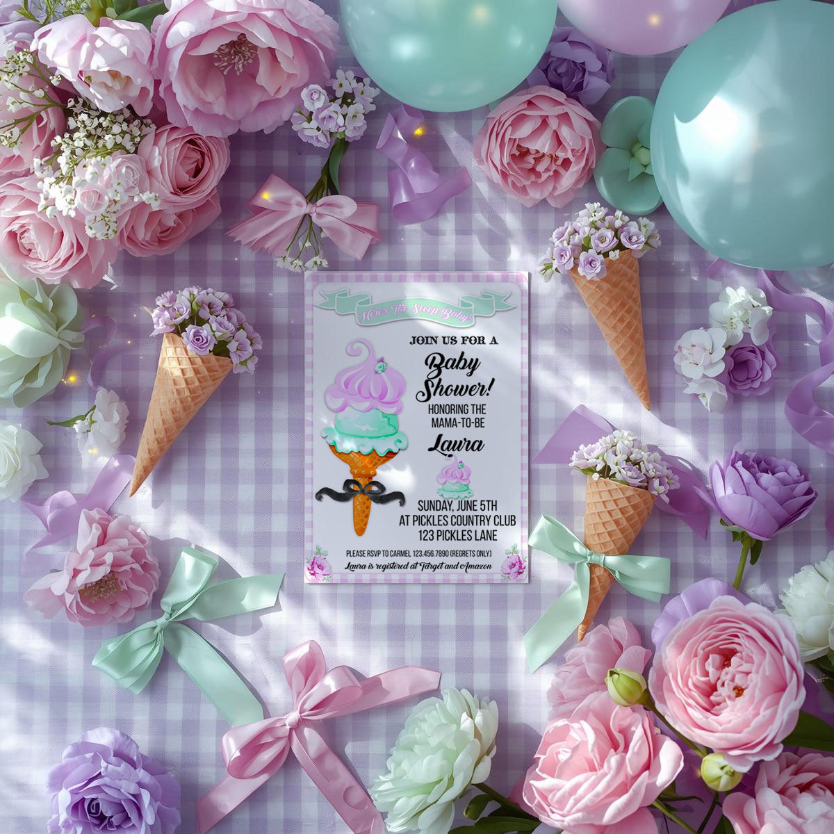 Here's The Scoop, Baby-Invitation-Customize in Corjl-Ice Cream Baby Shower-Ice Cream Baby Shower Invites-Try Demo-Digital-INSTANT DOWNLOAD