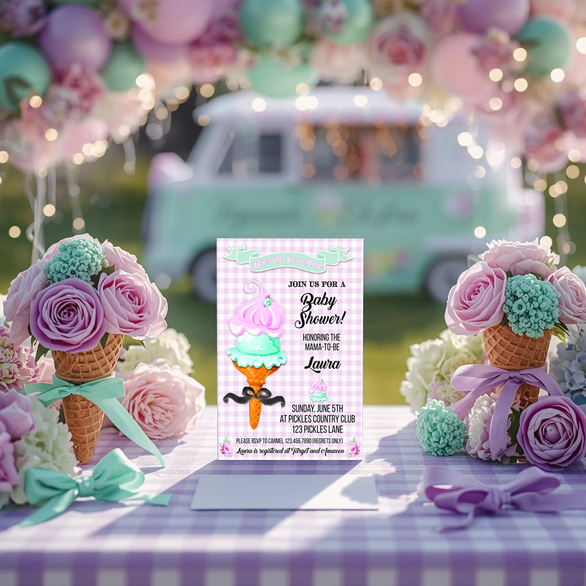 Here's The Scoop, Baby-Invitation-Customize in Corjl-Ice Cream Baby Shower-Ice Cream Baby Shower Invites-Try Demo-Digital-INSTANT DOWNLOAD