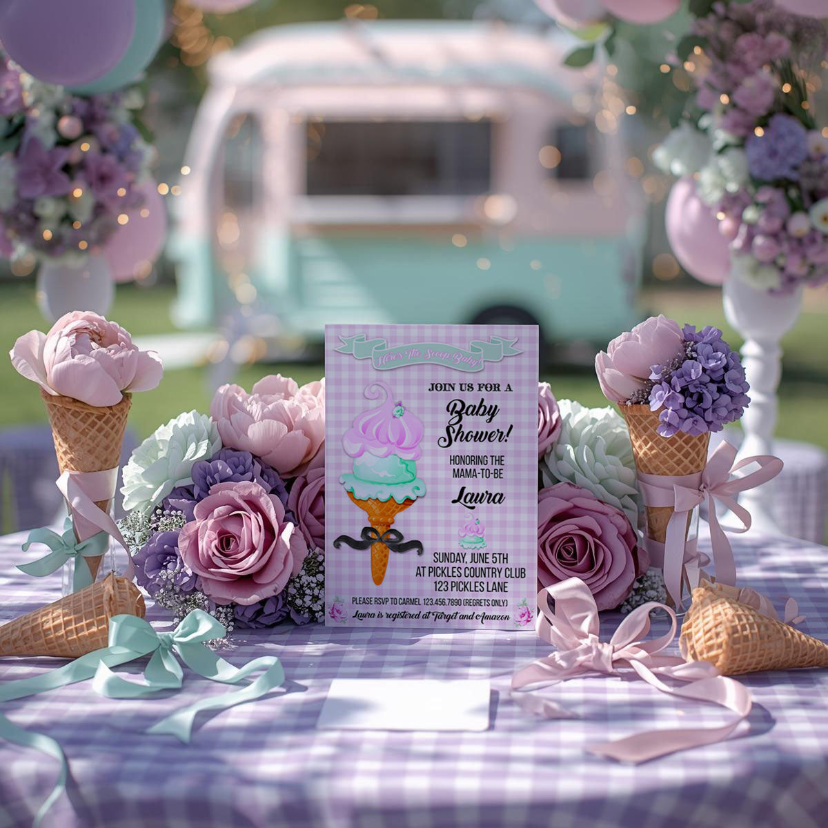 Here's The Scoop, Baby-Invitation-Customize in Corjl-Ice Cream Baby Shower-Ice Cream Baby Shower Invites-Try Demo-Digital-INSTANT DOWNLOAD