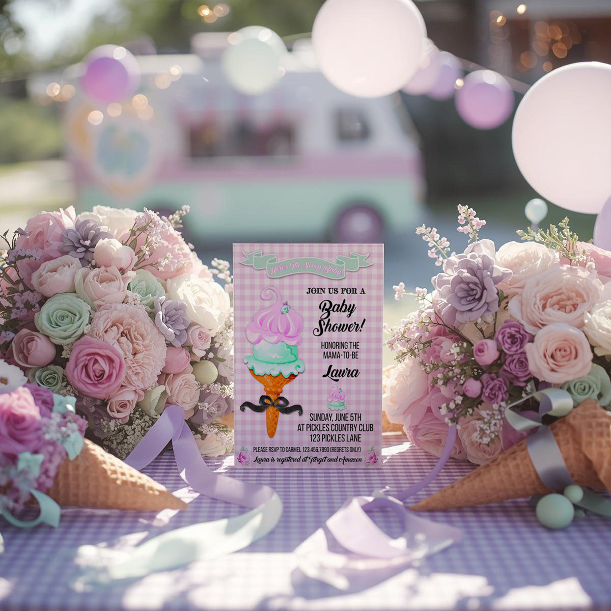 Here's The Scoop, Baby-Invitation-Customize in Corjl-Ice Cream Baby Shower-Ice Cream Baby Shower Invites-Try Demo-Digital-INSTANT DOWNLOAD
