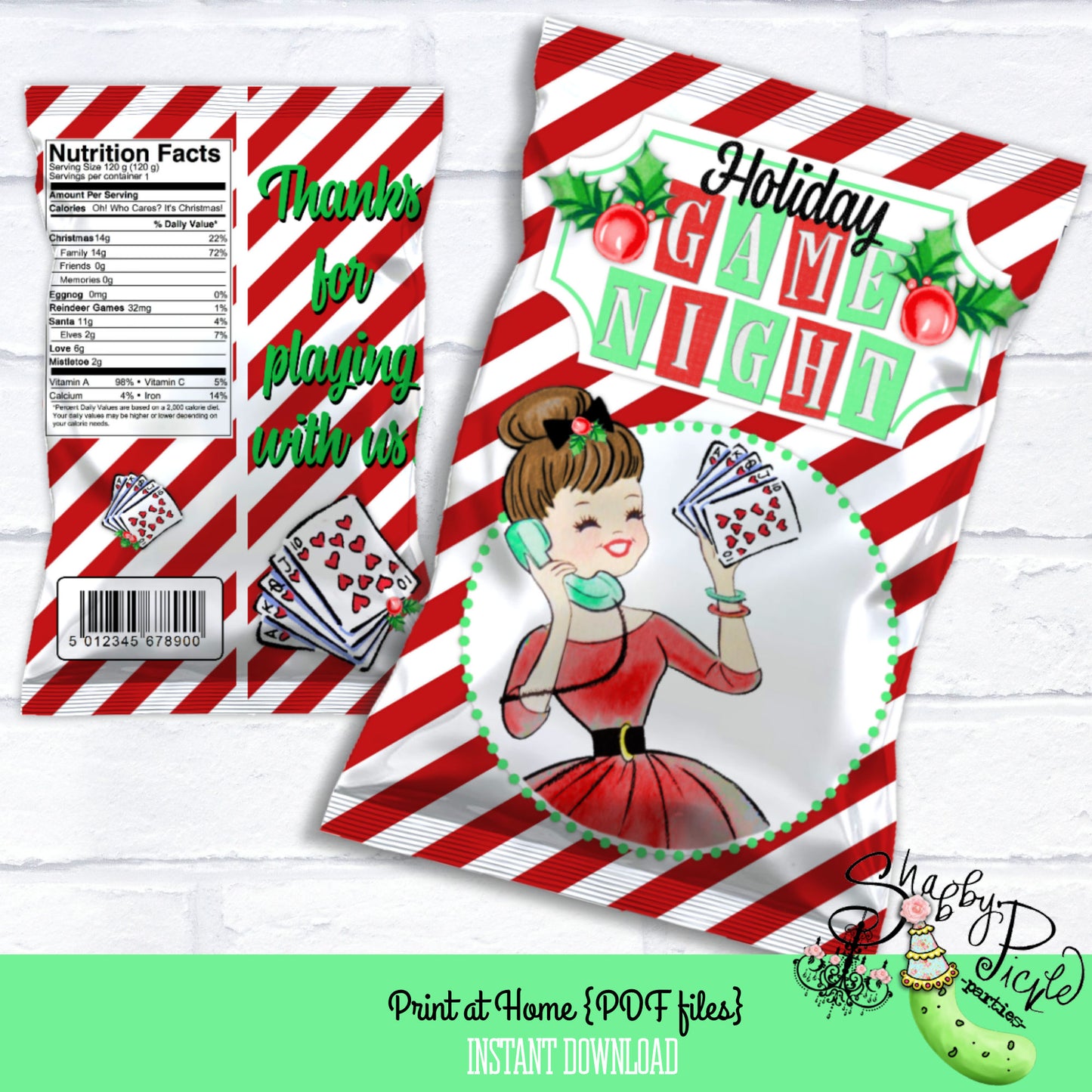 Holiday Game Night-Chip Bag-Holly-Printable Party Favors-Custom Wrapper-Family Game Night-Holiday-Retro Christmas Party-INSTANT DOWNLOAD