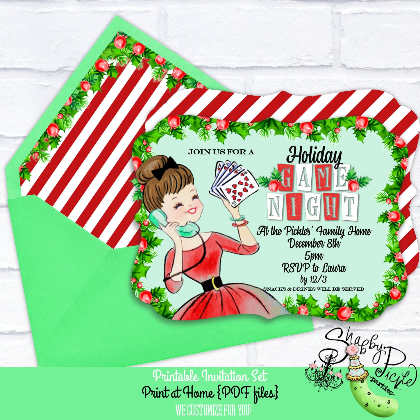 Holiday Game Night-We CUSTOMIZE Invitation-Change Hair/Skin Color-Christmas-Invite-Cards-Family Game Night-Printable-Print At Home-DOWNLOAD