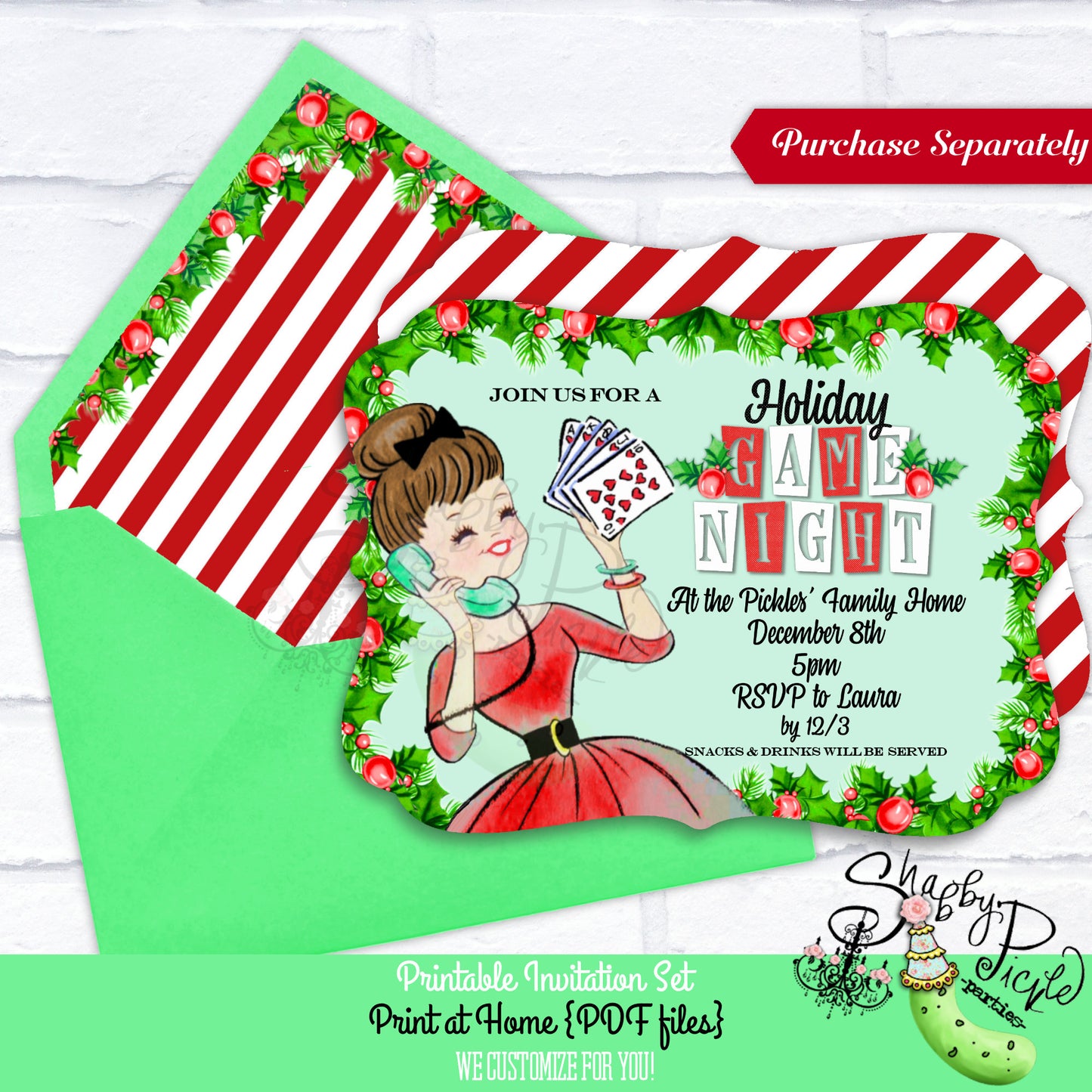 Holiday Game Night-Fill In Invitation-Holly-Christmas-Invite-Retro-Xmas-Family Game Night-Invitations-Printable-INSTANT DOWNLOAD