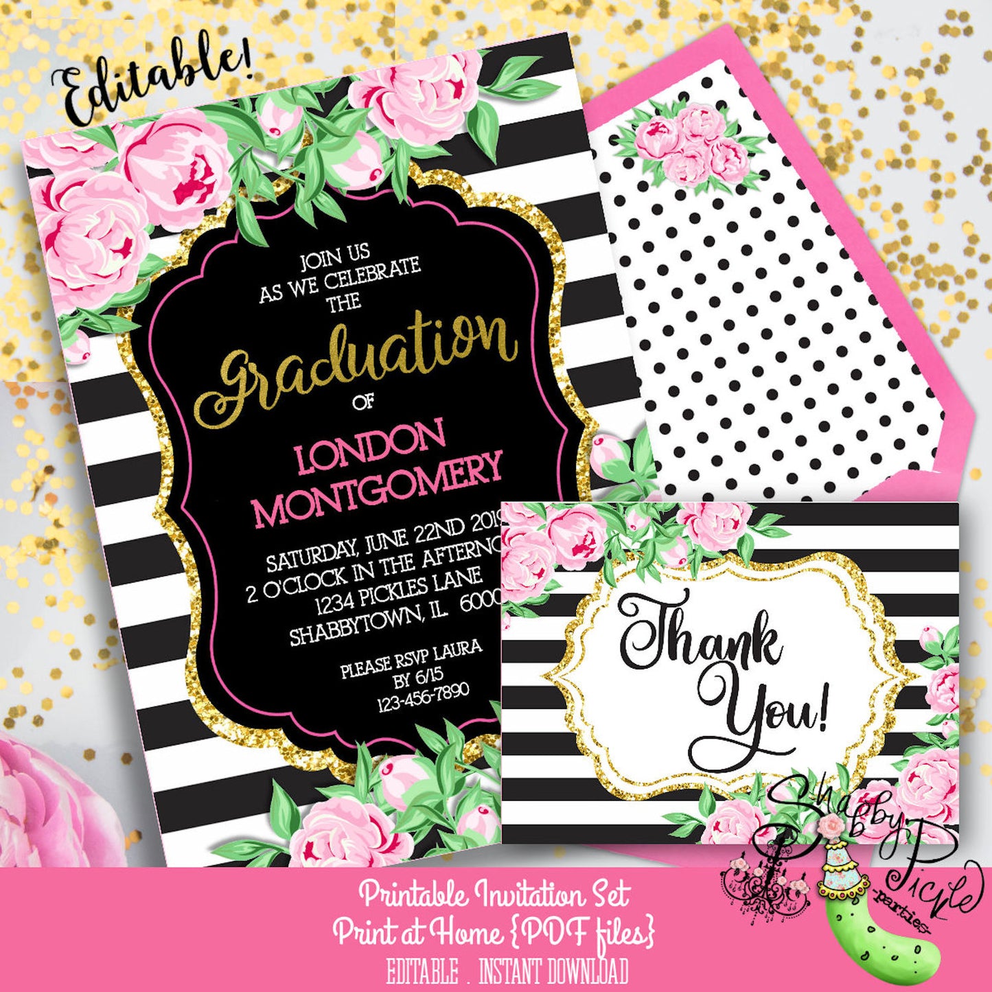 Kate Spade Graduation Invitation-Thank You Card-Class of 2024-Grad-Graduate-EDITABLE-High School Graduate-Invite-Printable-INSTANT DOWNLOAD