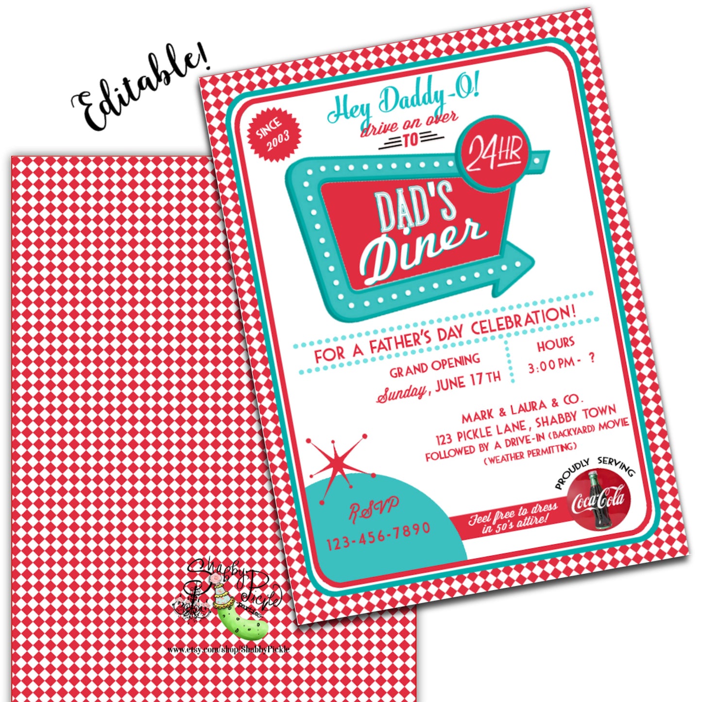 Dad's Diner Invitation-Retro Father's Day-Invitations-Invites-Fathers-Father-Dad-50's Diner-1950s-Return Address Labels-INSTANT DOWNLOAD