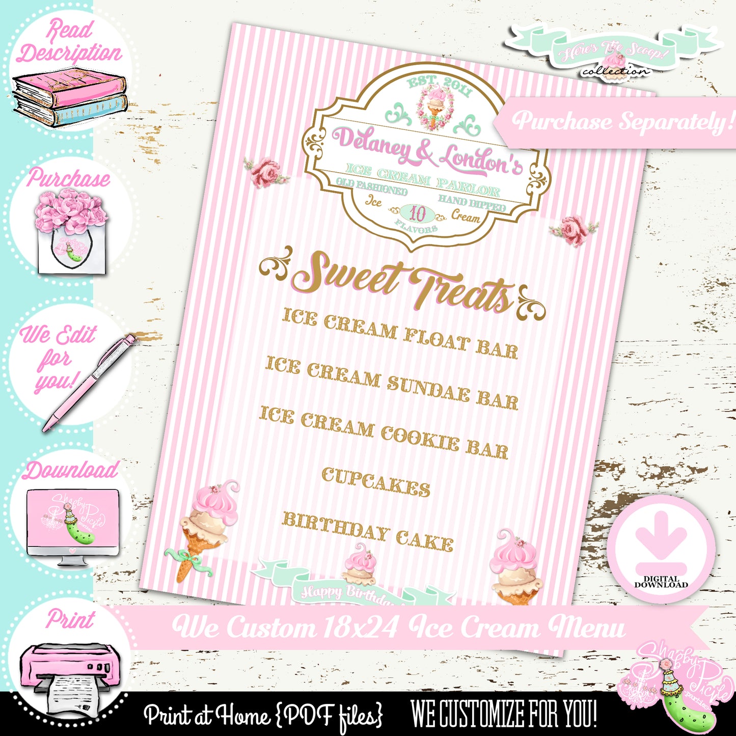 Heres The Scoop-Birthday-Cupcake Wrappers-Cupcake Toppers-We Customize Age-Ice Cream Shop-Ice Cream Parlor-Ice Cream Party-DIGITAL DOWNLOAD