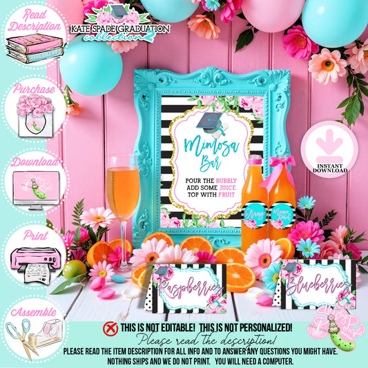 Kate Spade (2) Inspired Mimosa Bar-Prefilled Tent Cards-Graduation Party-Collage Graduation-Collage Grad-Printable-INSTANT DOWNLOAD