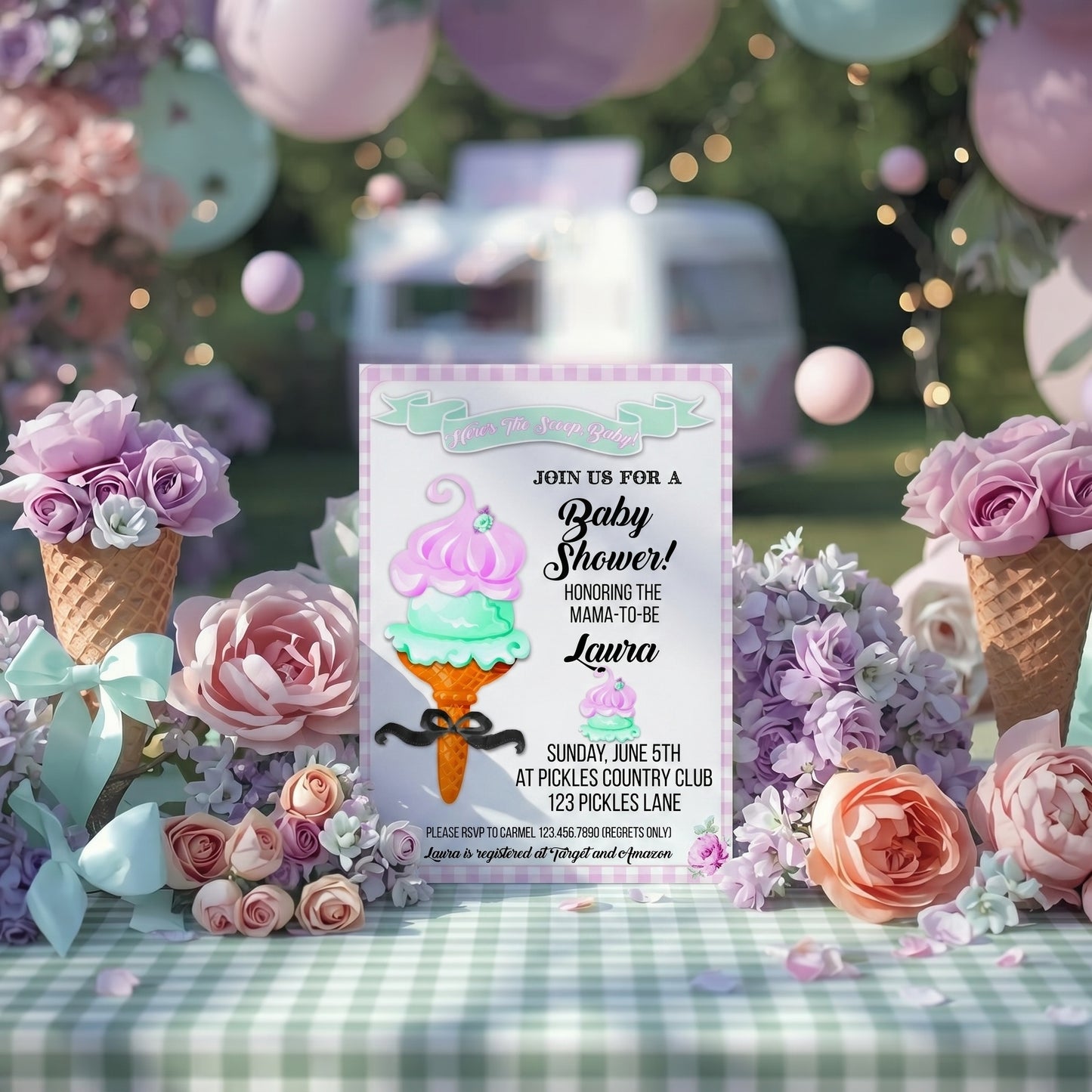 Here's The Scoop, Baby-Invitation-Customize in Corjl-Ice Cream Baby Shower-Ice Cream Baby Shower Invites-Try Demo-Digital-INSTANT DOWNLOAD